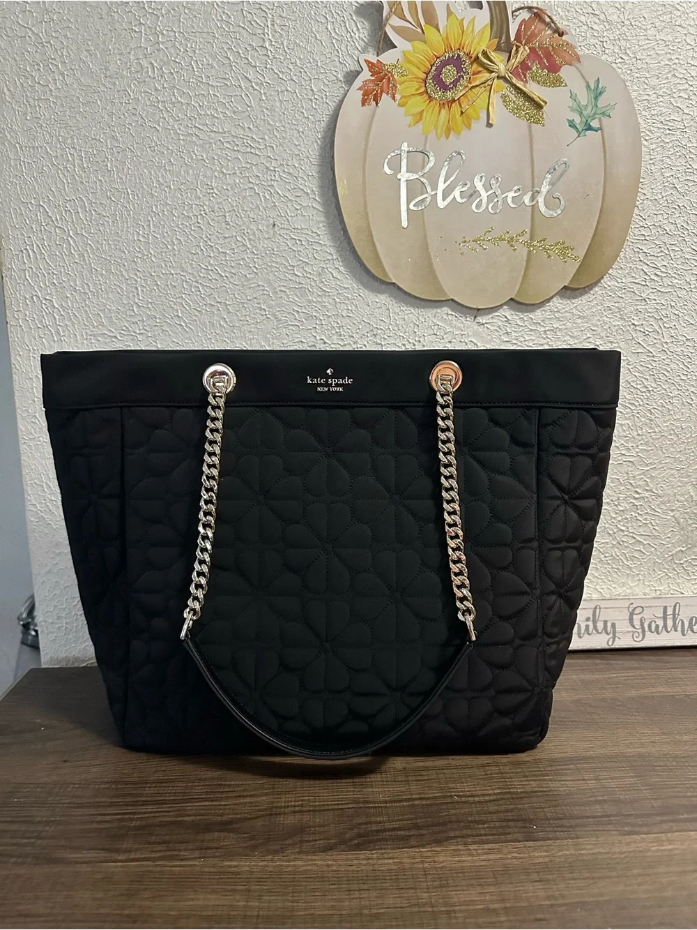 kate spade flower Black Quilted Tote with Gold Chain Straps